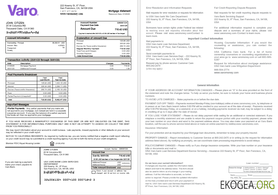 Relevé hypothécaire de la banque Varo, États , Unis, Californie, aux formats Word et PDF